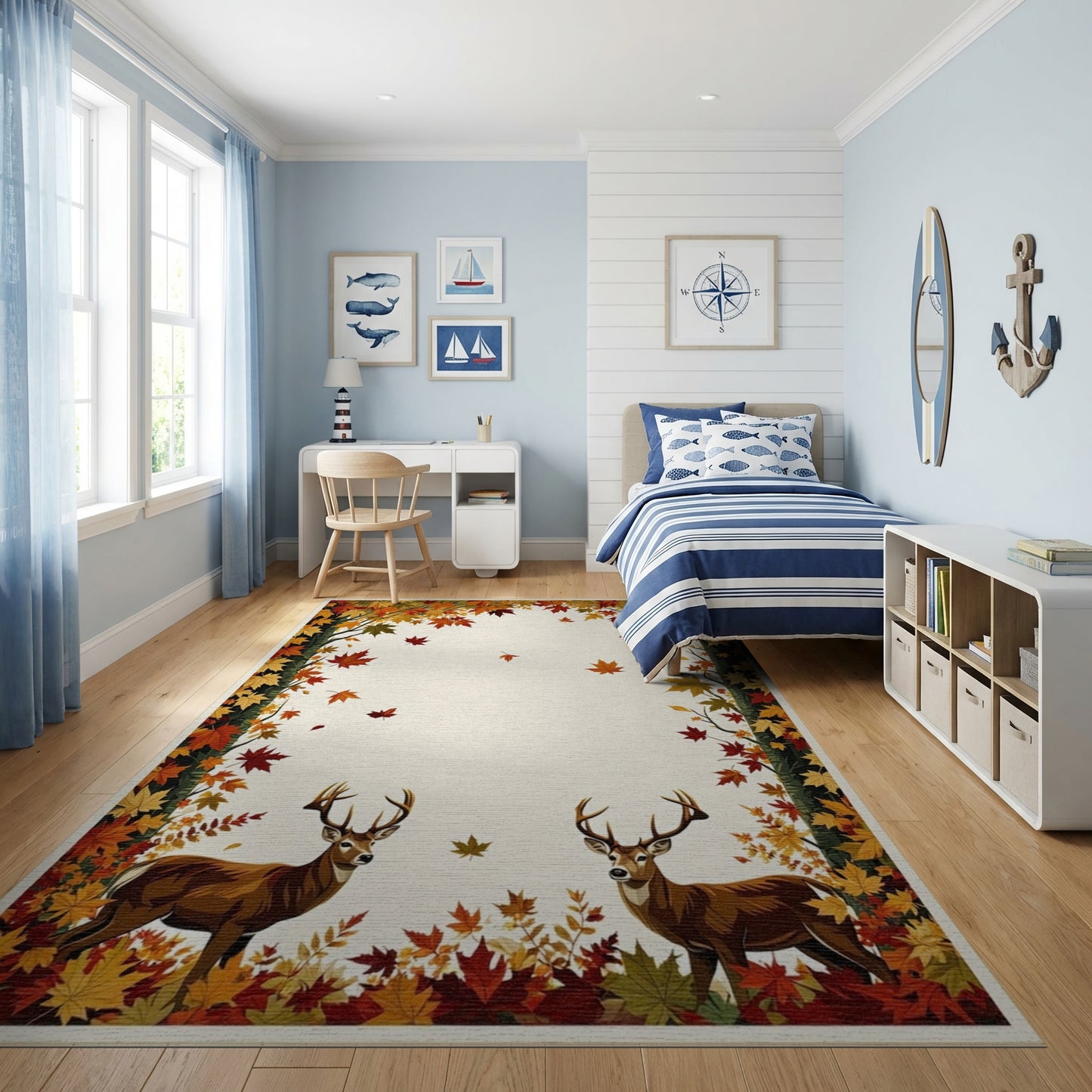 Autumn Deer Falling Leaves Border Rug