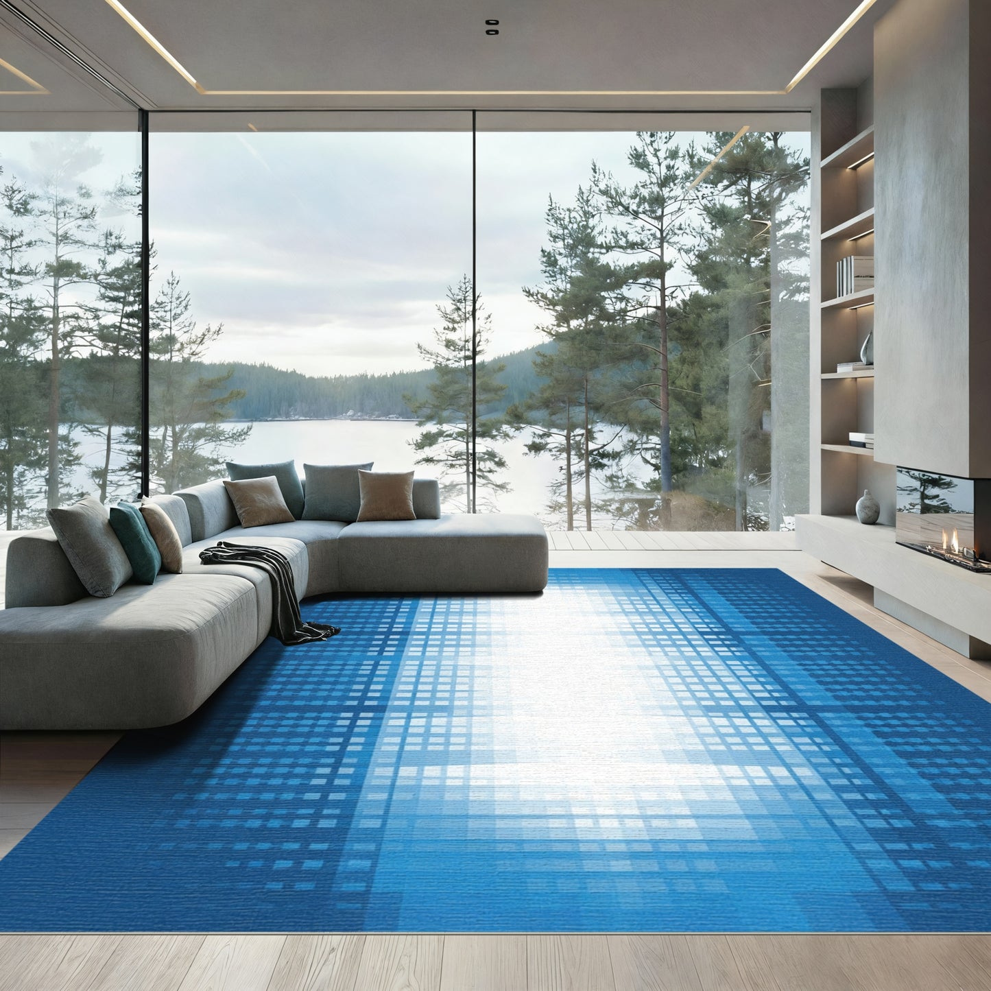Blue Geometric Gradient Square Focus Rug