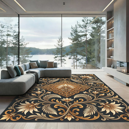 Elegant Golden Floral Nature Scrollwork Rug