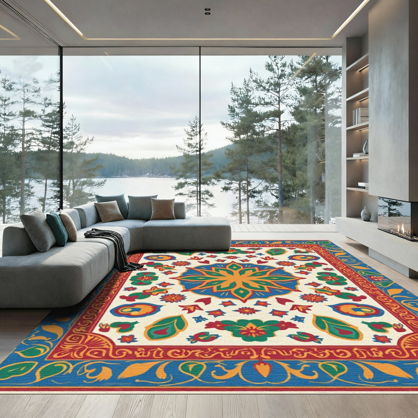 Bold Blue Red Floral Medallion Rug