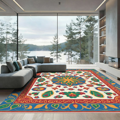 Bold Blue Red Floral Medallion Rug
