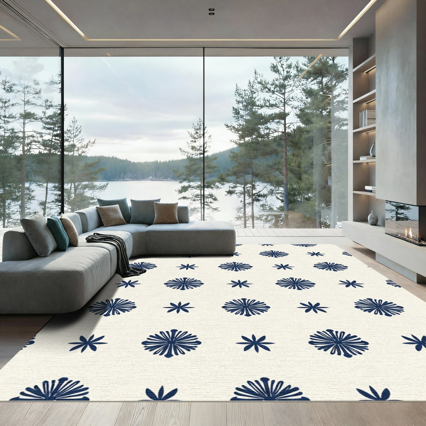 Navy Blue Starburst Floral Repeat Rug