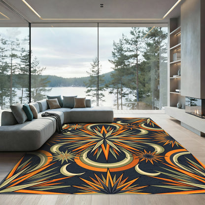 Celestial Orange Star and Moon Art Rug