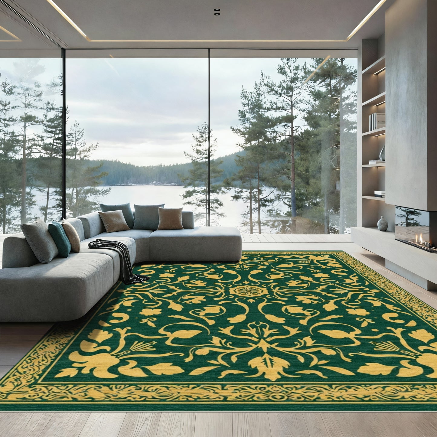 Emerald Golden Damask Floral Scroll Rug