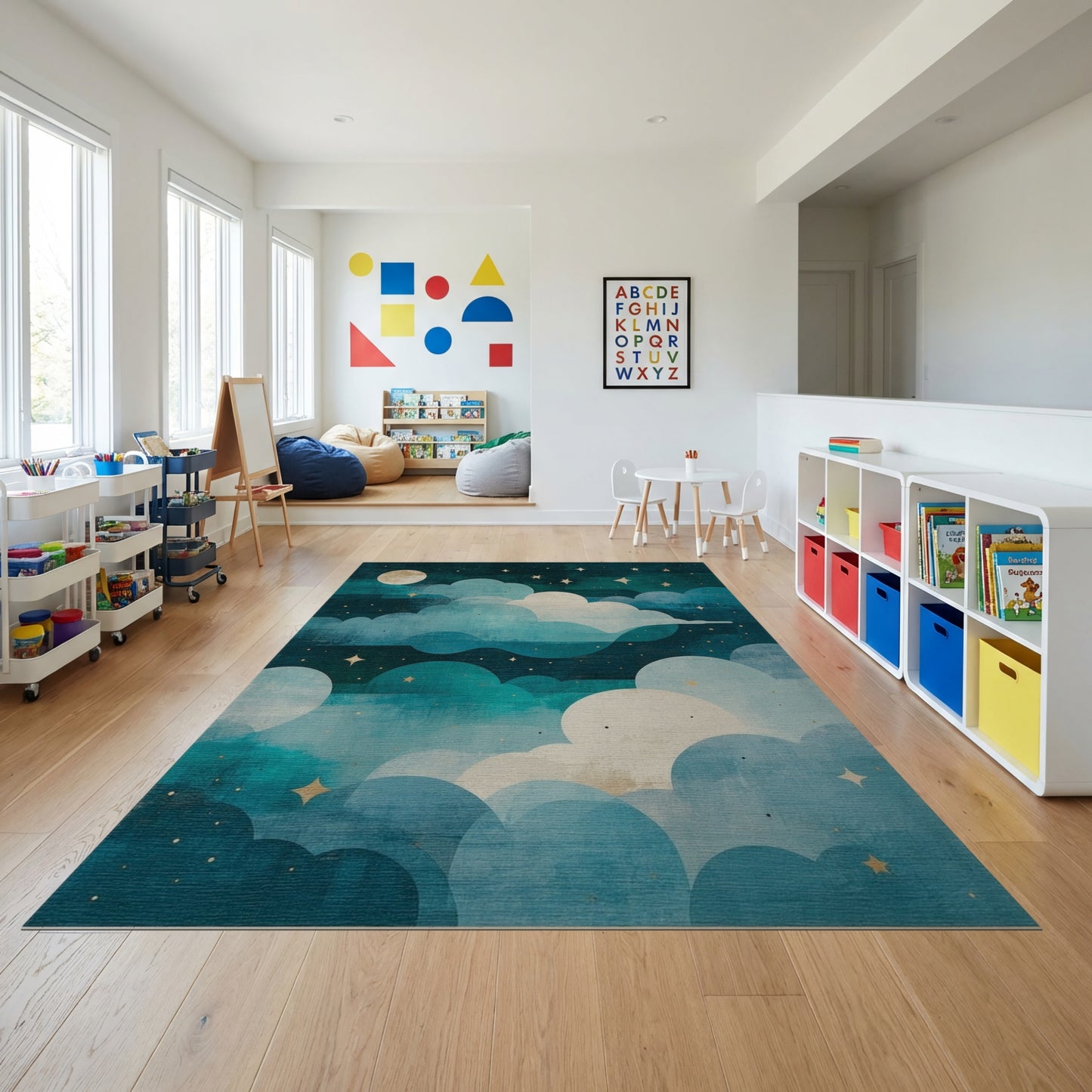 Dreamy Teal Starry Clouds Moon Rug