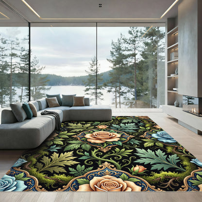 Ornate Rose Garden Damask Peach Blue Rug