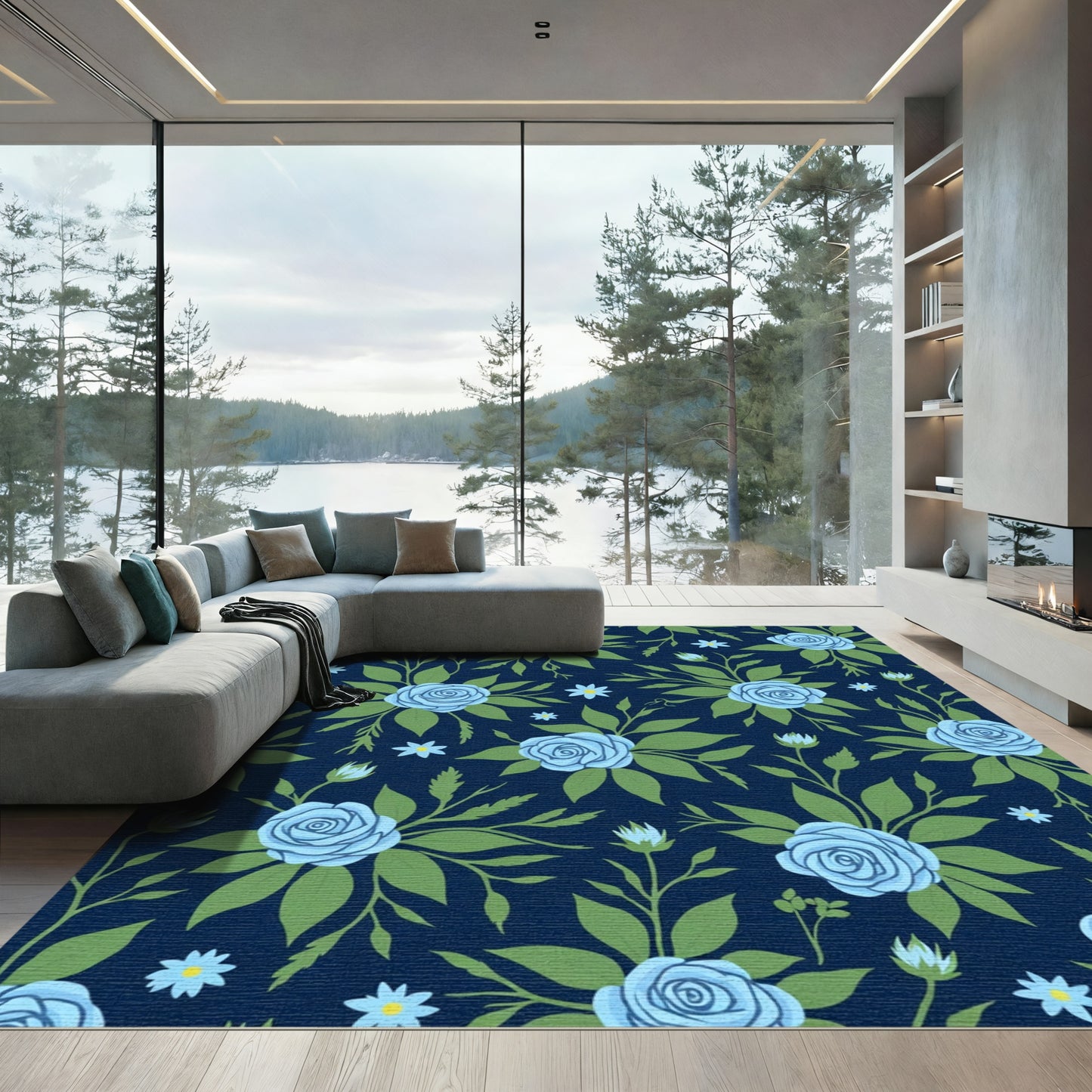 Light Blue Roses Garden Pattern Rug