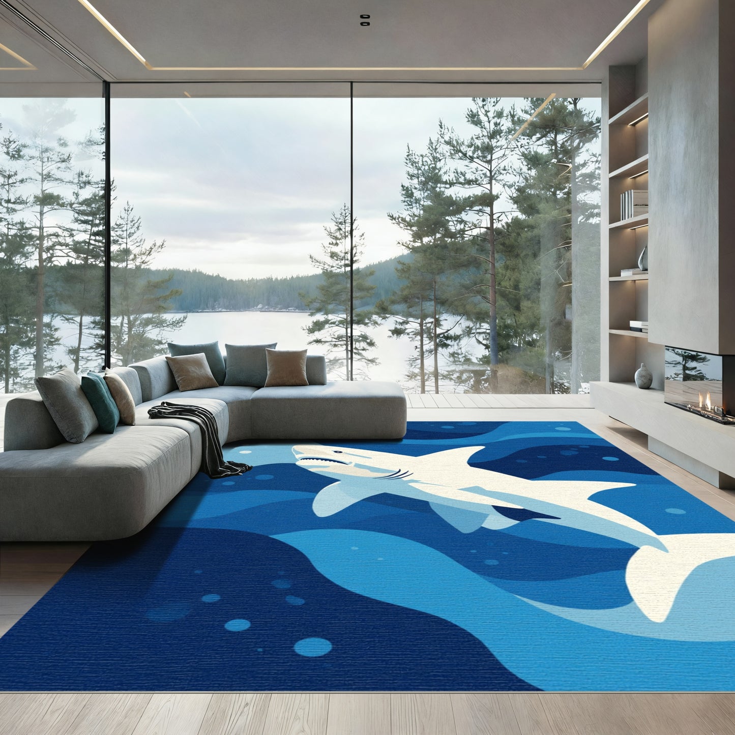 Ocean Blue Wave Shark Art Rug