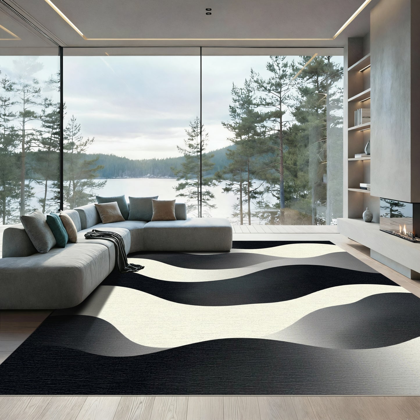 Monochromatic Black Cream Wavy Stripes Rug