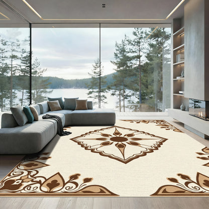 Beige Brown Floral Medallion Corner Art Rug