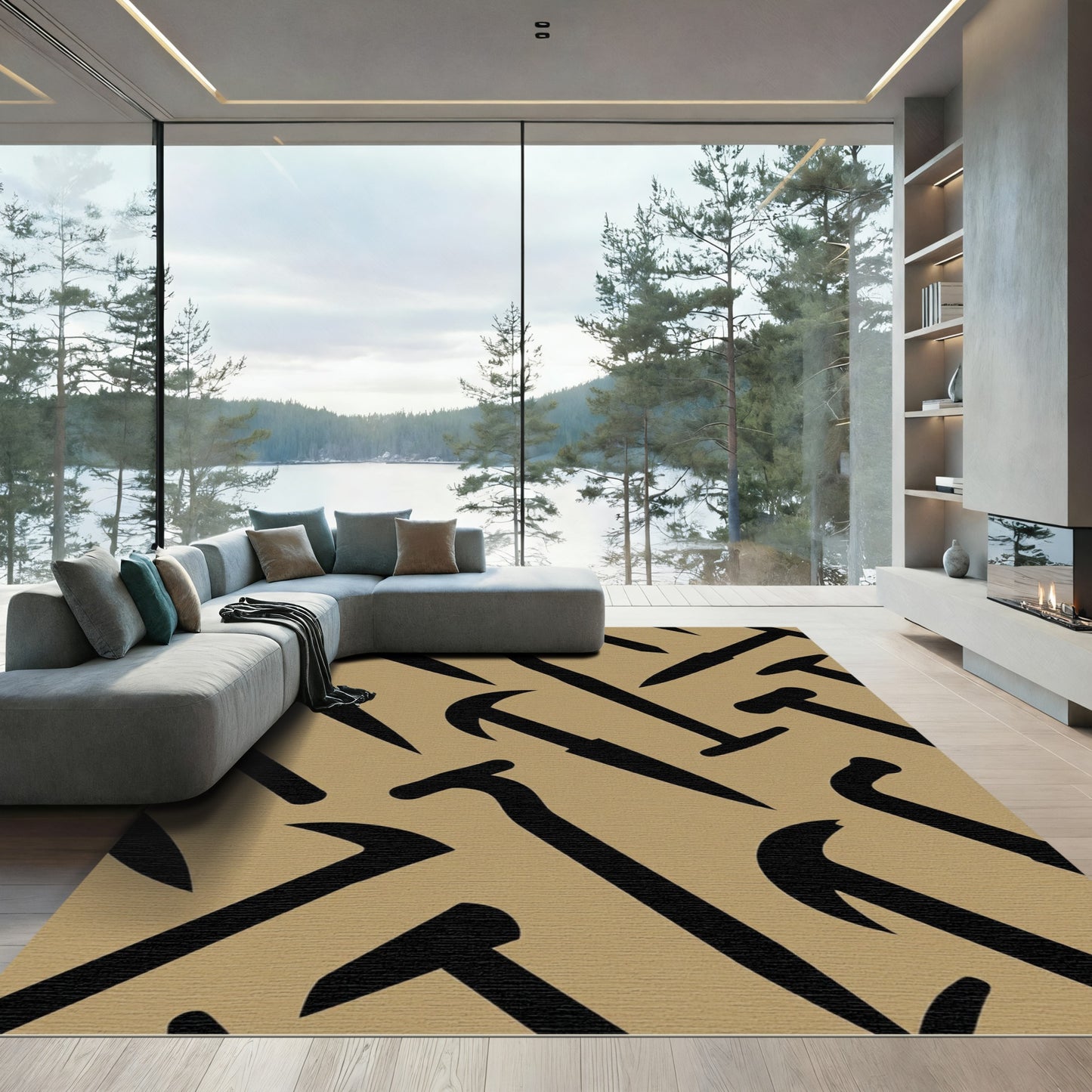 Black Crowbar Abstract Tan Background Rug