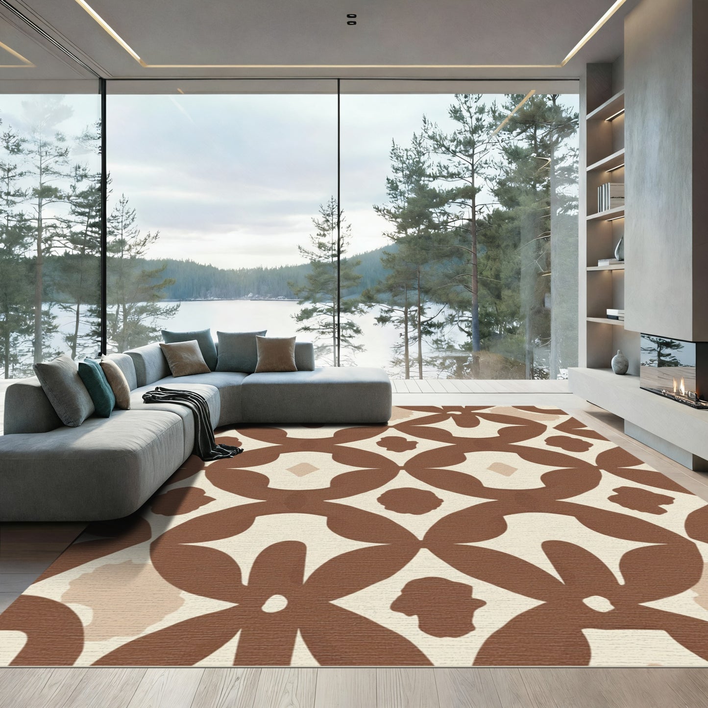Warm Brown Mid Century Overlay Diamonds Rug