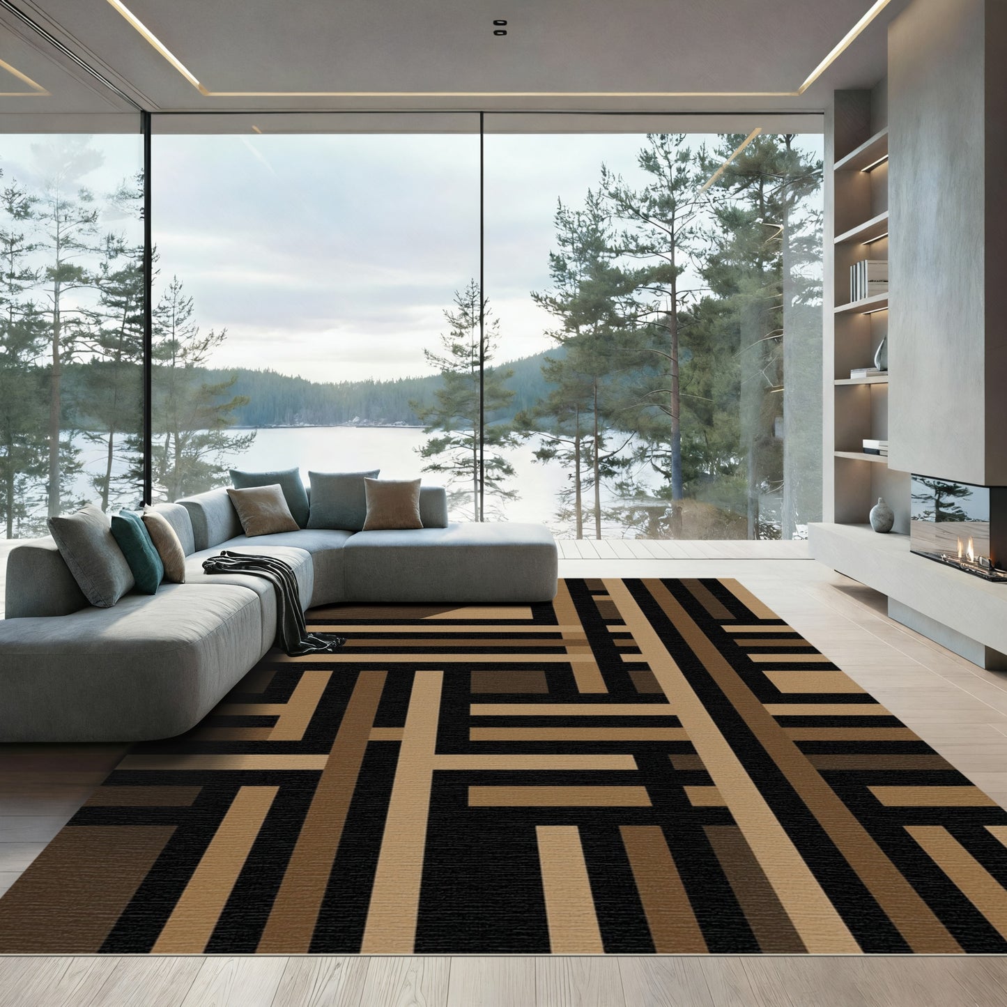 Modern Brown Geometric Linear Grid Rug