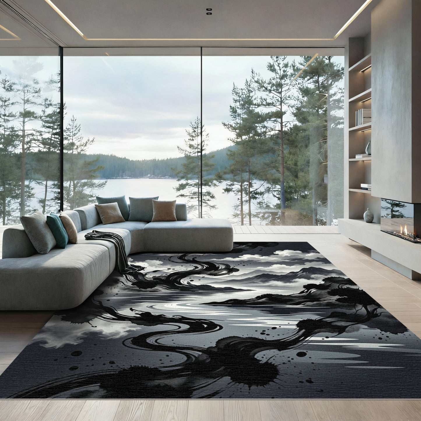 Monochromatic Ink Wash Landscape Swirls Rug