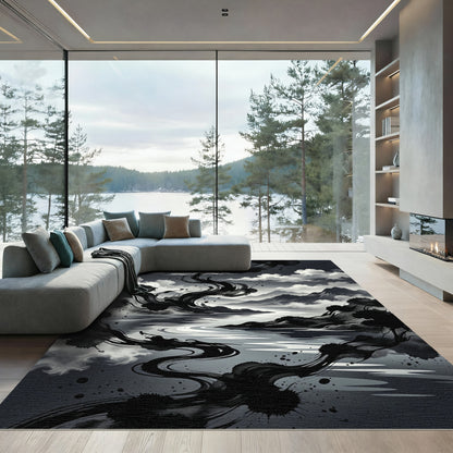 Monochromatic Ink Wash Landscape Swirls Rug
