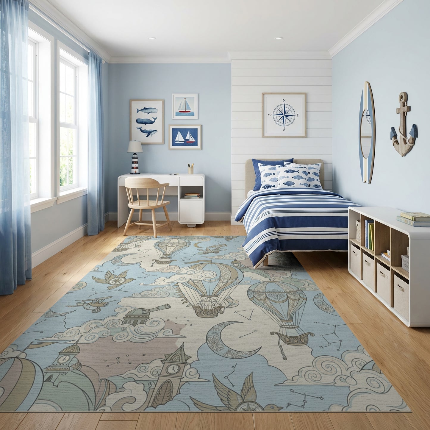 Whimsical Hot Air Balloons Celestial Clouds Rug
