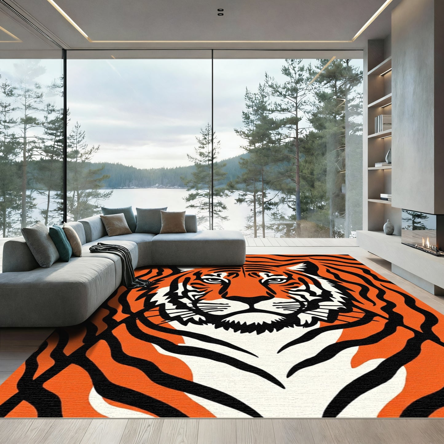 Bold Orange Tiger Face Graphic Rug