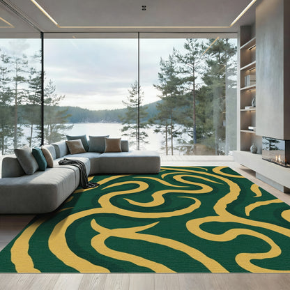 Deep Teal Swirling Gold Abstract Rug