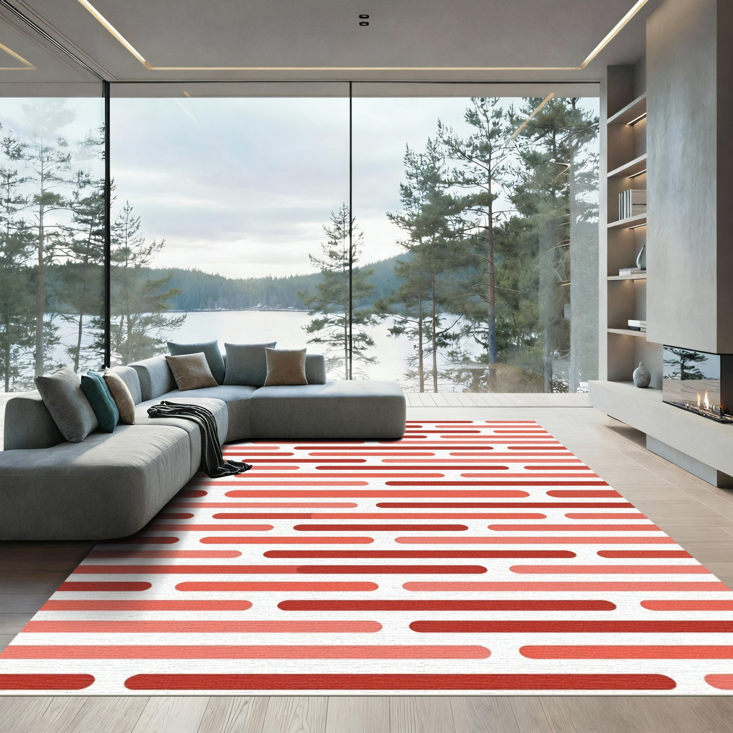 Coral Red Rounded Stripe Rug