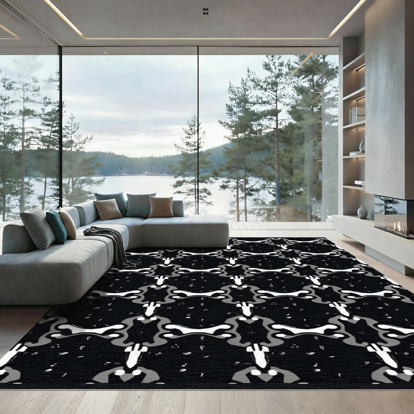 Black White Abstract Rhythmic Shapes Rug