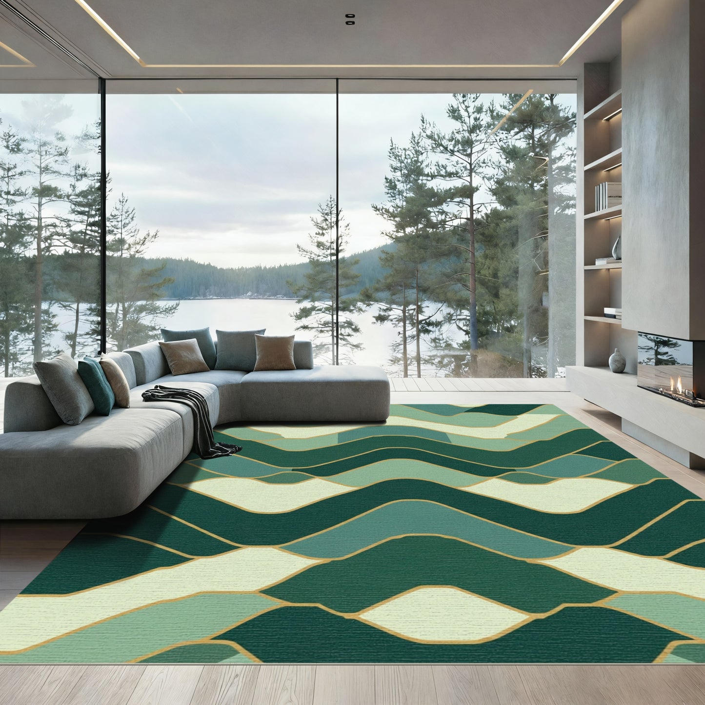Abstract Green Wave Landscape Rug