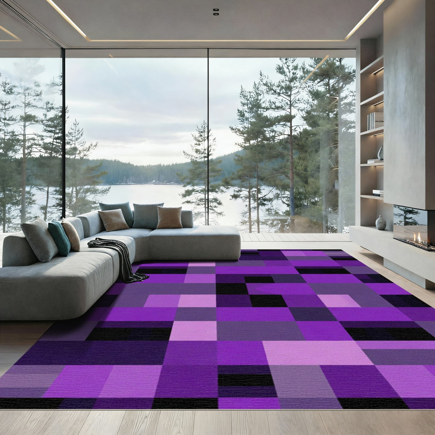 Modern Purple Geometric Blocks Rug