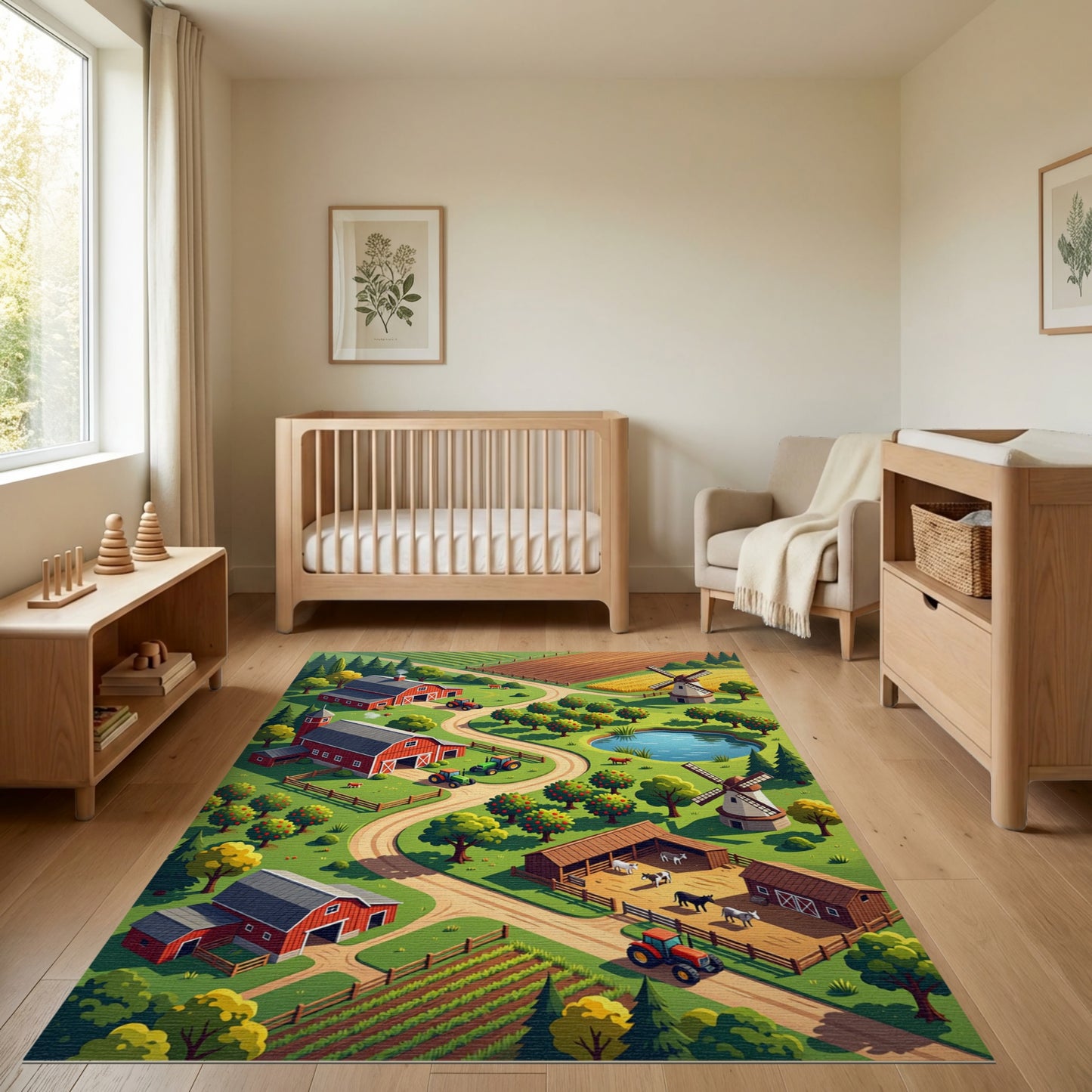 Vibrant Isometric Farm Barn Scene Rug
