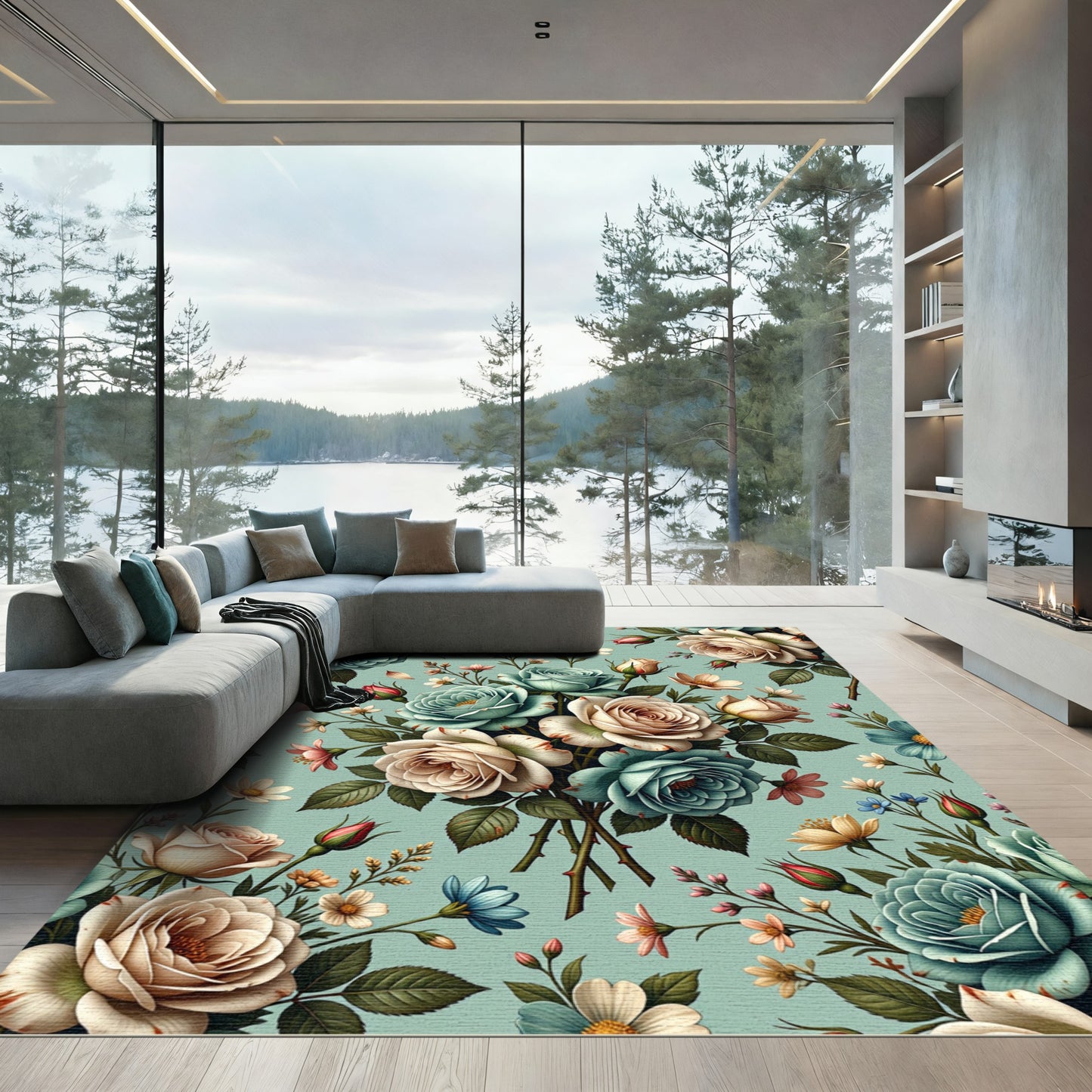 Soft Teal Rose Bouquet Floral Arrangement Rug
