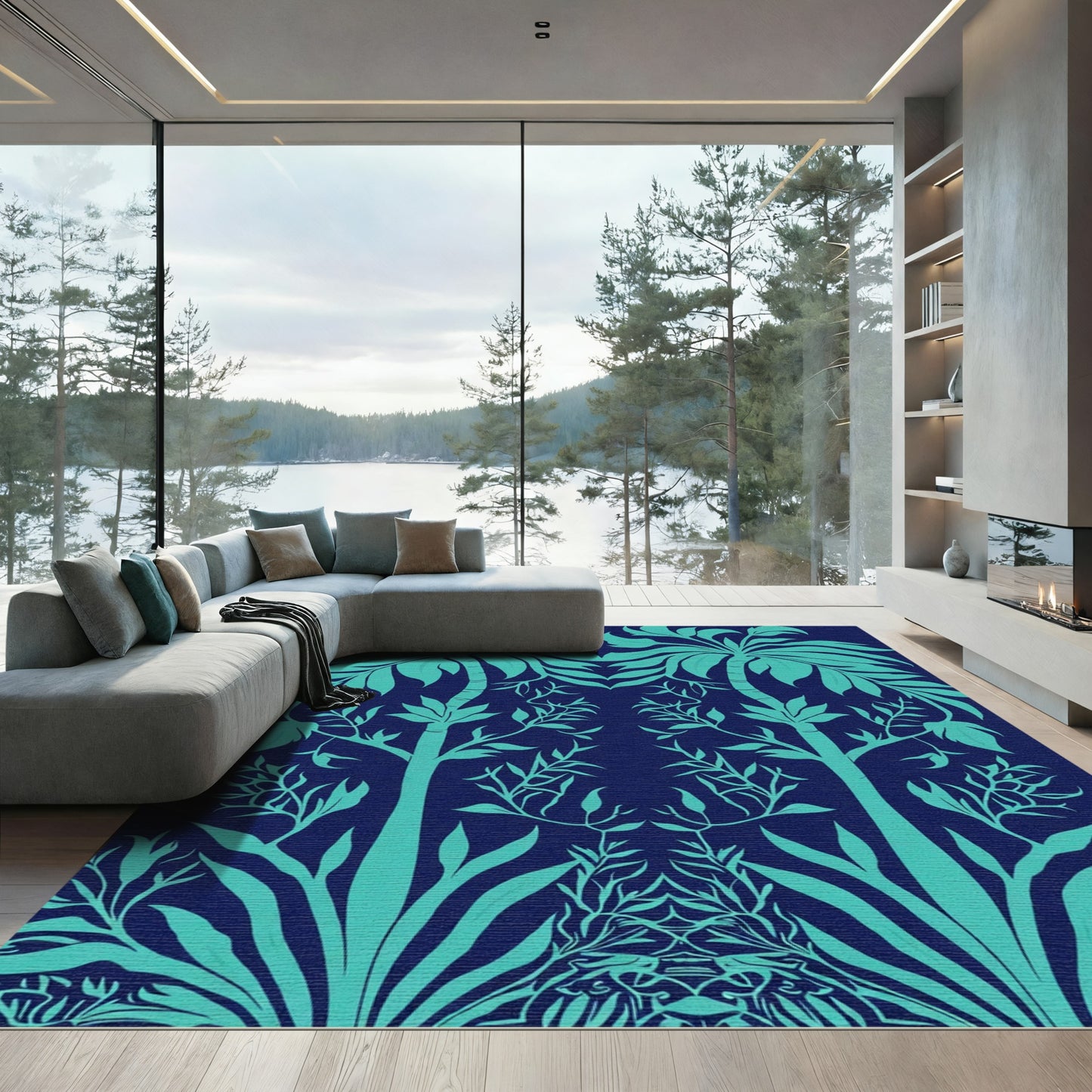 Teal Palm Foliage Symmetry Rug
