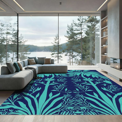 Teal Palm Foliage Symmetry Rug