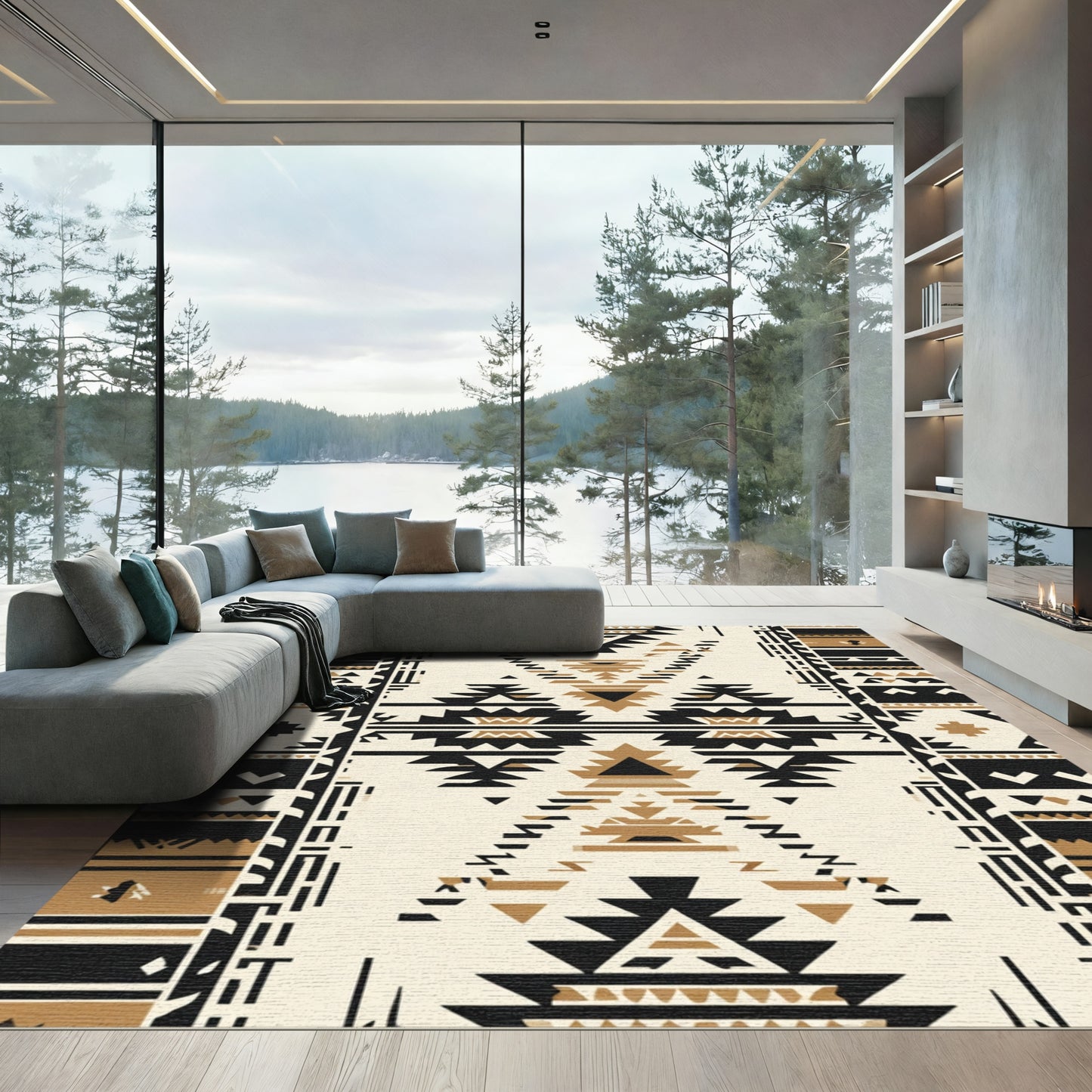 Striped Black Golden Geometric Southwest Art Rug