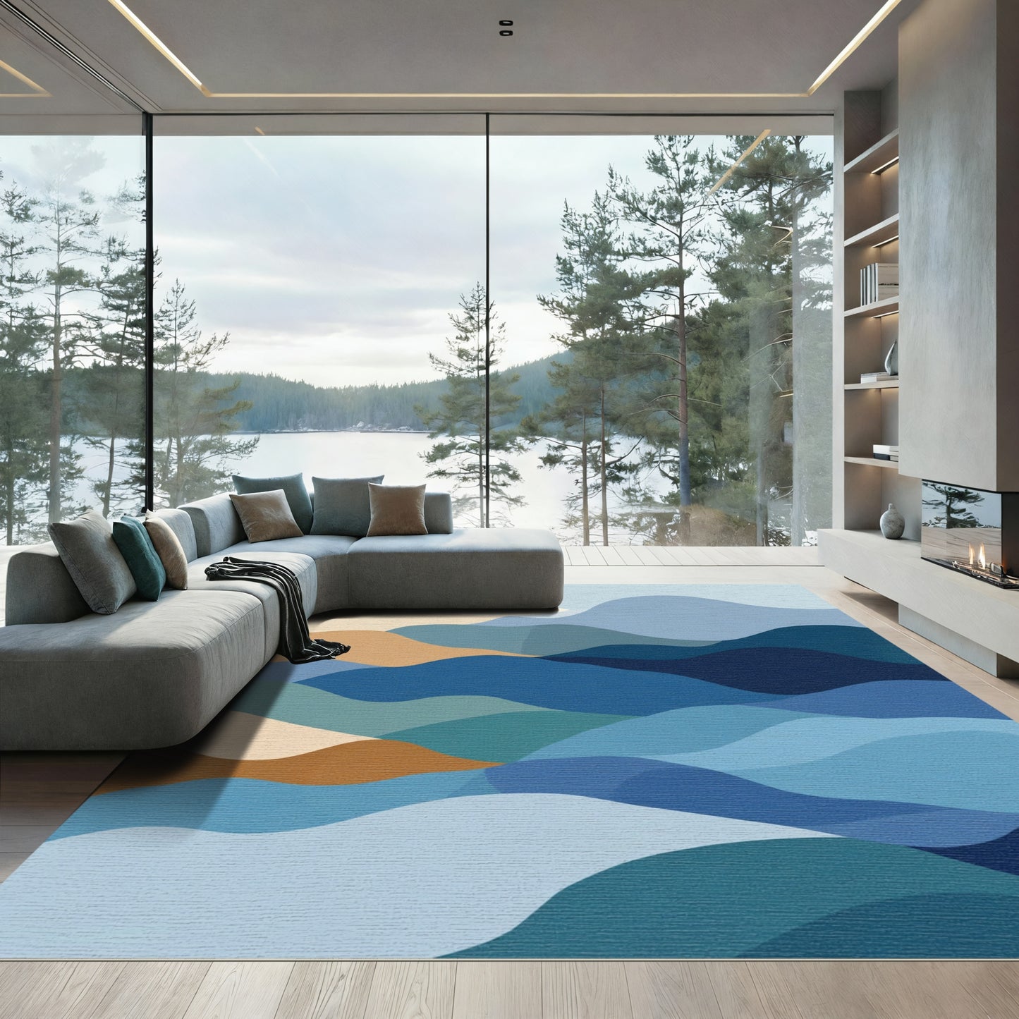 Calm Blue Abstract Layered Landscape Rug