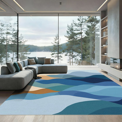 Calm Blue Abstract Layered Landscape Rug