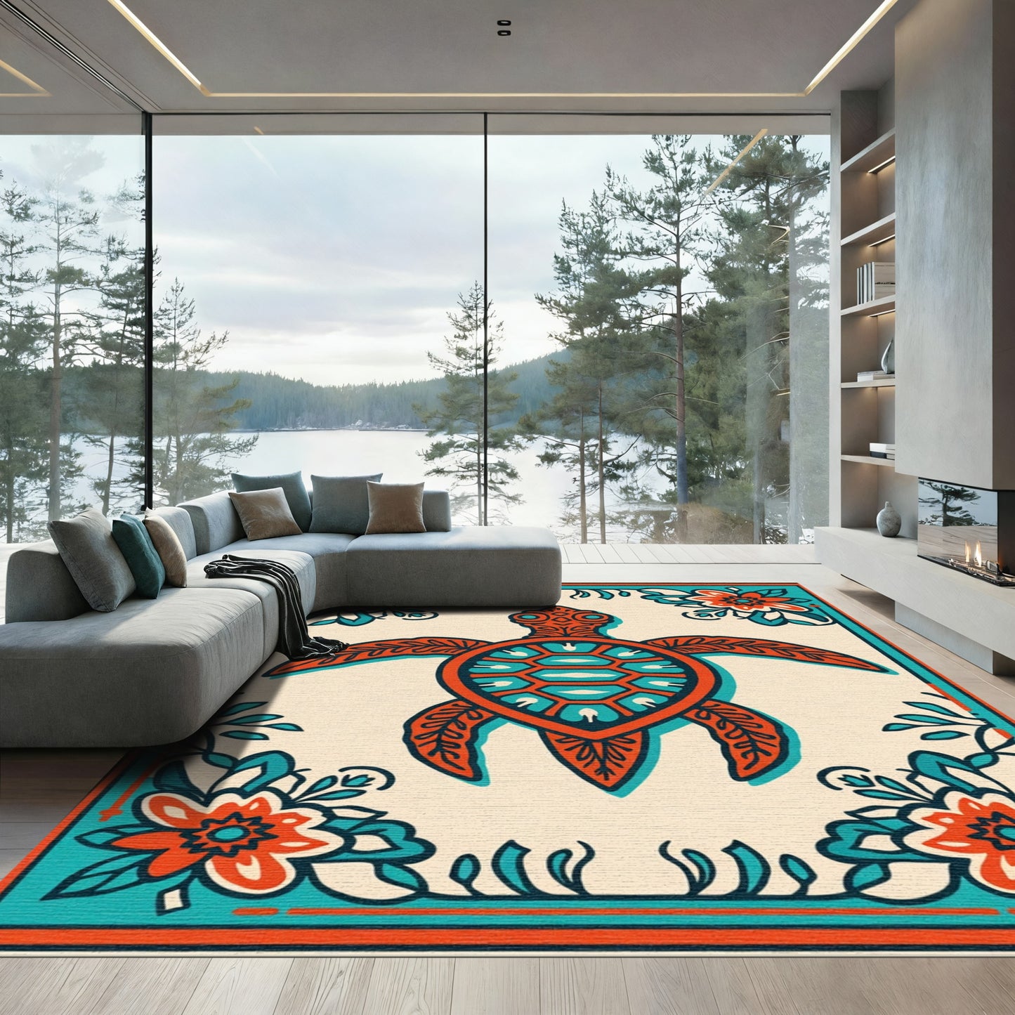 Orange Teal Turtle Floral Border Rug