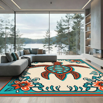 Orange Teal Turtle Floral Border Rug