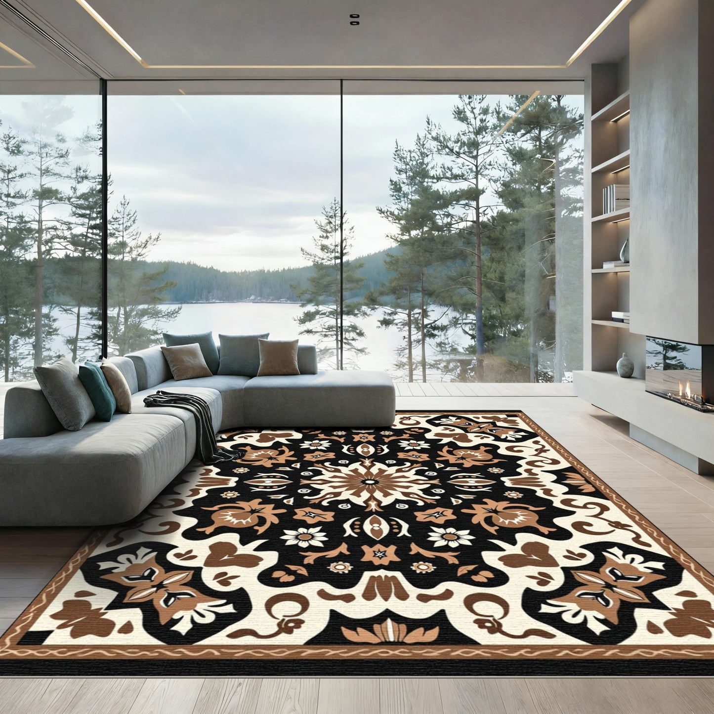 Dark Beige Floral Mandala Rug