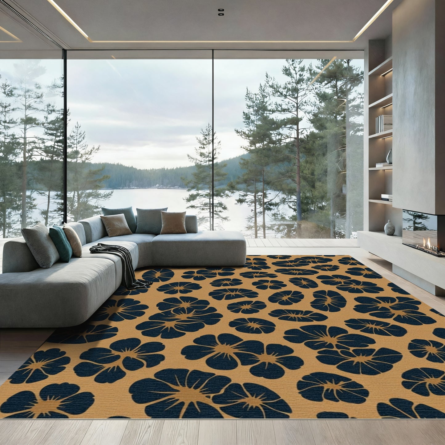 Navy Blue Blossom Clusters Soft Gold Rug