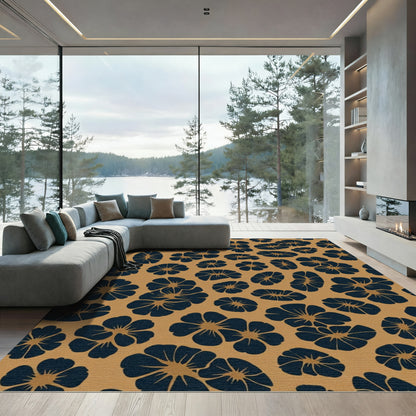 Navy Blue Blossom Clusters Soft Gold Rug