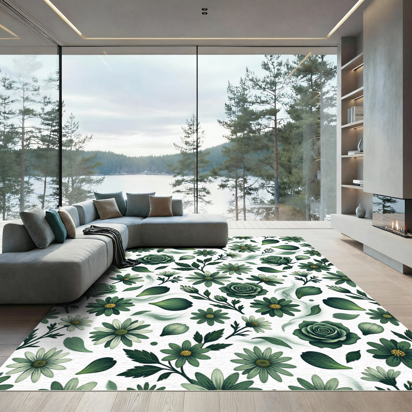Elegant Sage Green Rose Botanical Meadow Rug