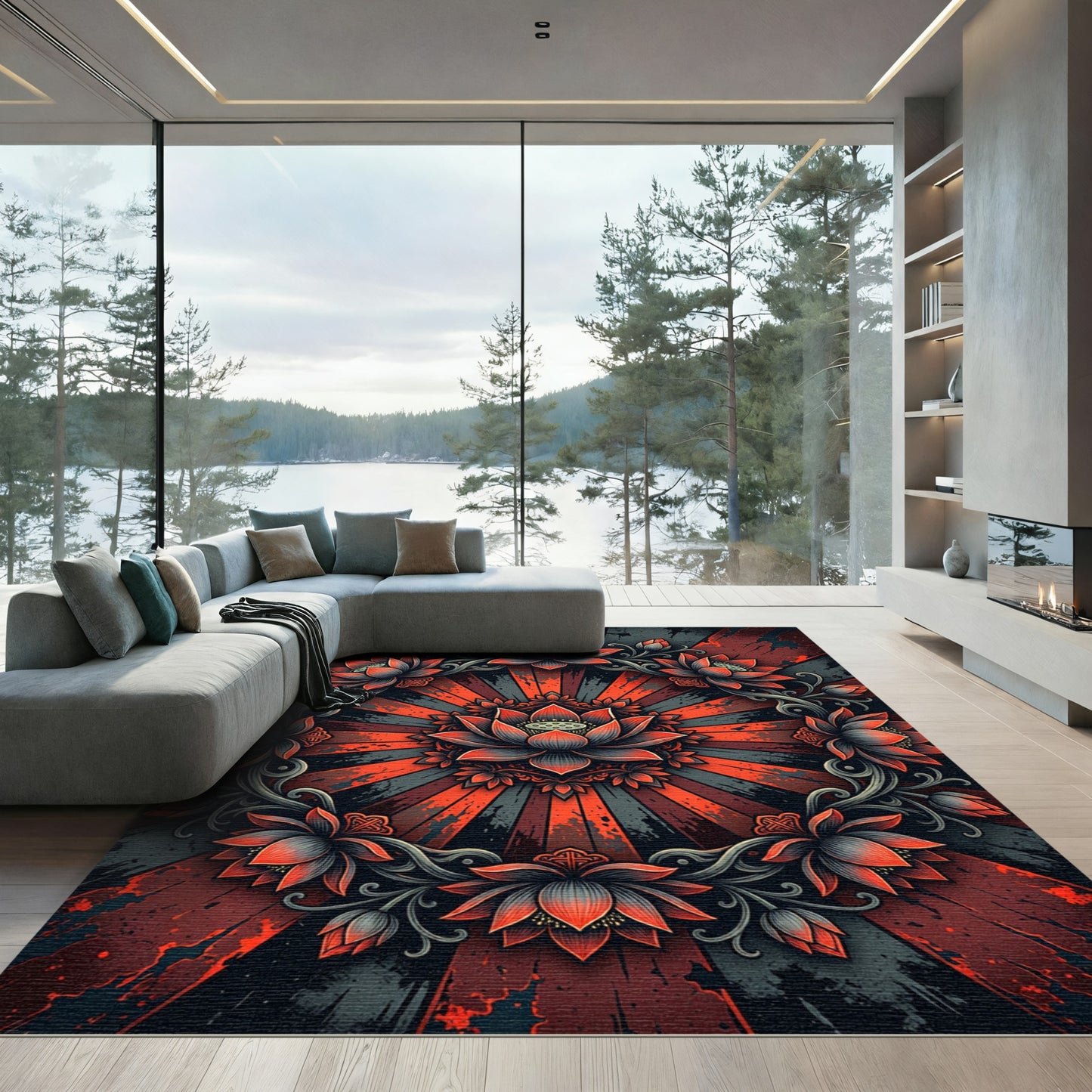 Gothic Crimson Lotus Radial Mandala Rug
