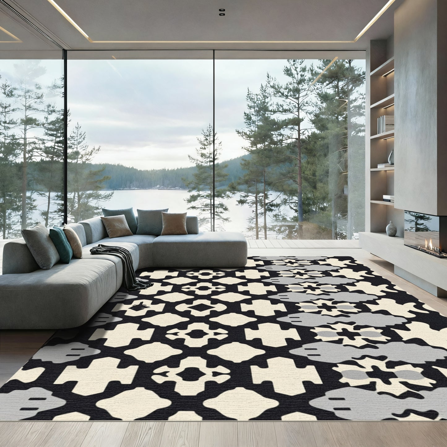 Cream Black Gray Fish Grid Rug