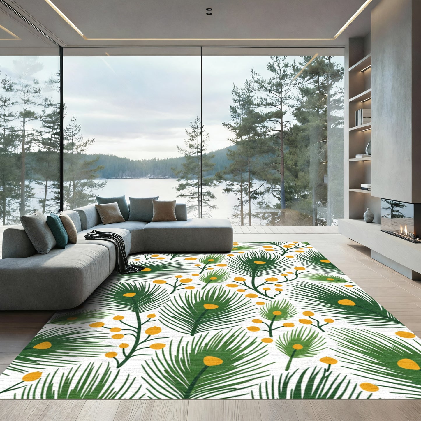 Green Peacock Feather Berry Pattern Rug
