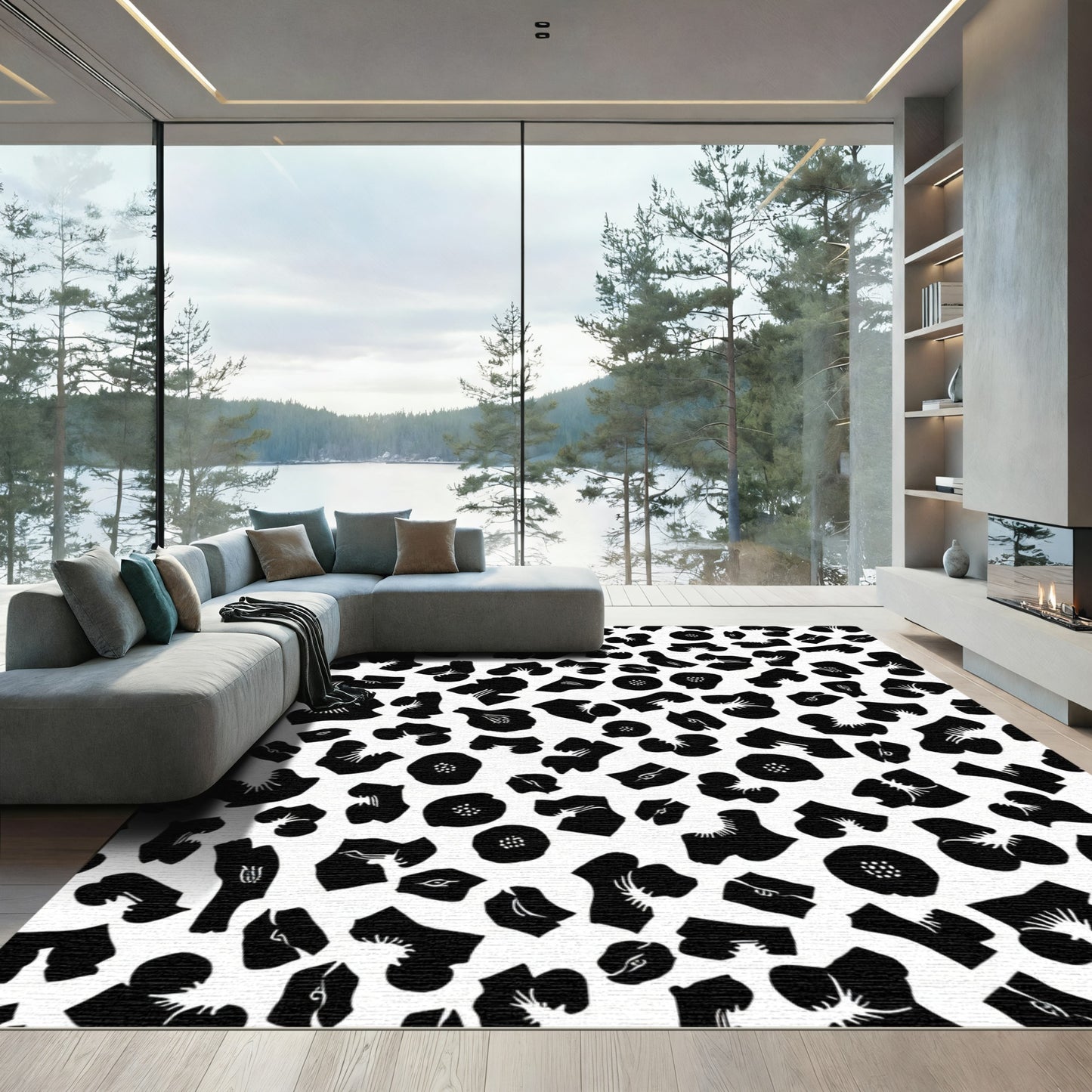 Black White Abstract Floral Scatter Rug