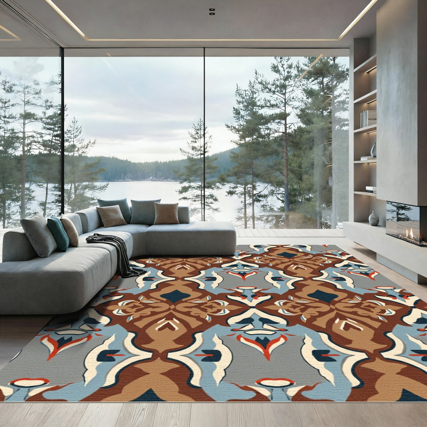 Brown Blue Medallion Symmetrical Art Rug