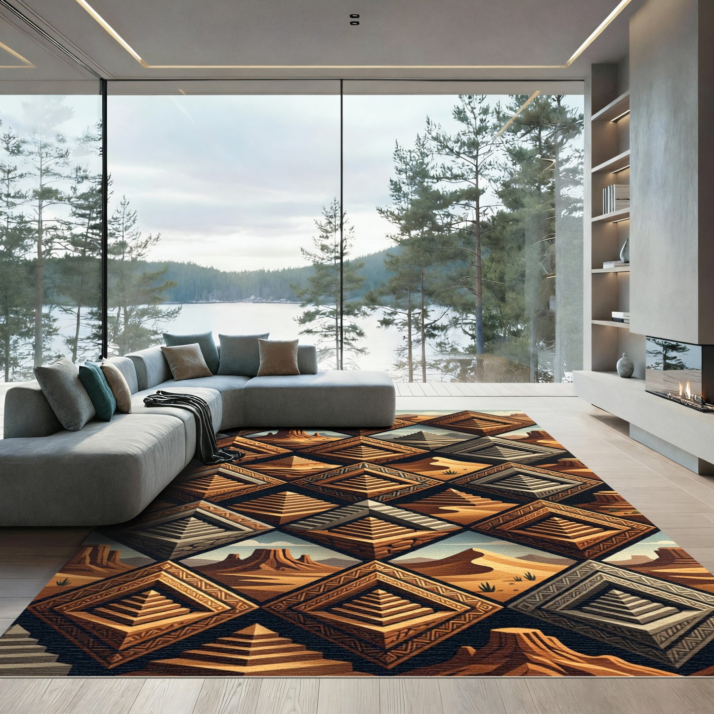 Earthy Terracotta Golden Aztec Diamond Pyramid Rug