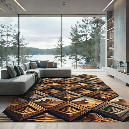 Earthy Terracotta Golden Aztec Diamond Pyramid Rug
