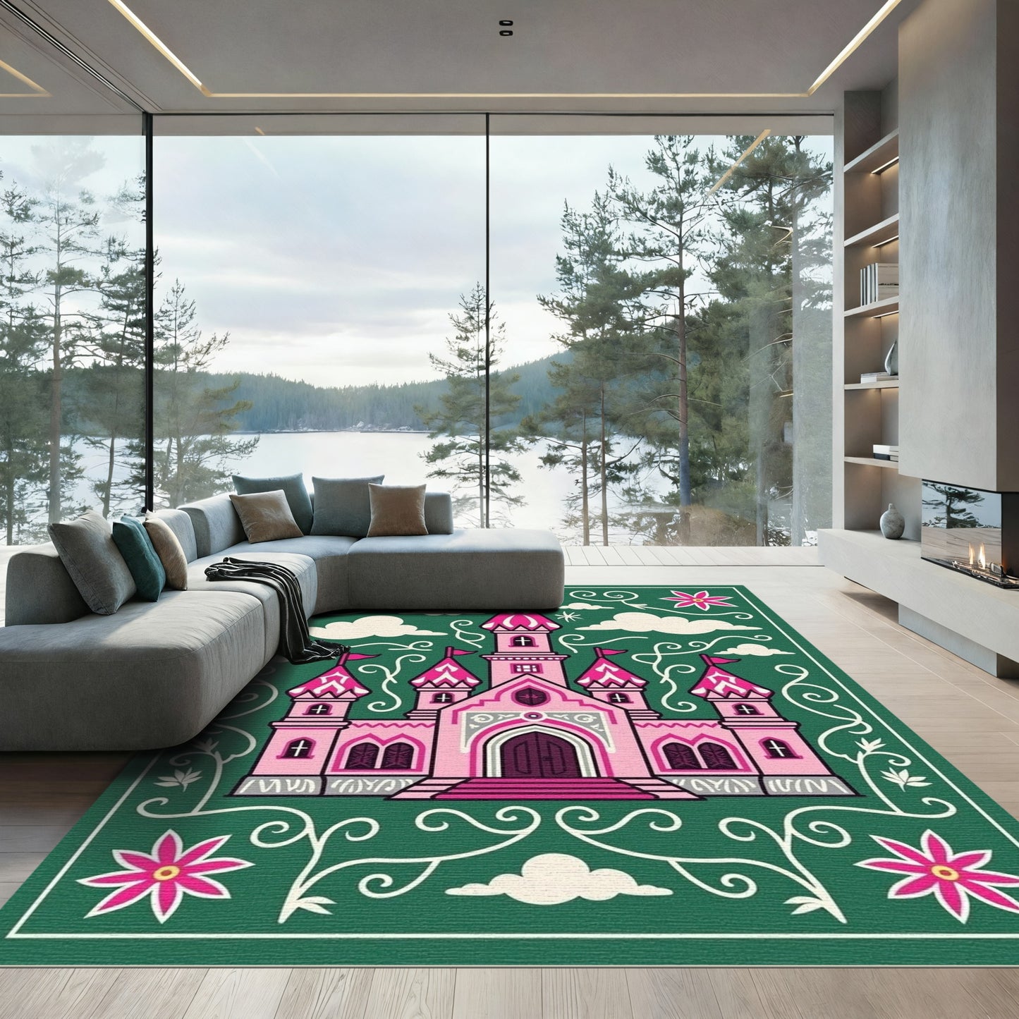 Pink Castle With Green Nature Swirl Rug
