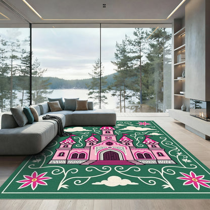 Pink Castle With Green Nature Swirl Rug