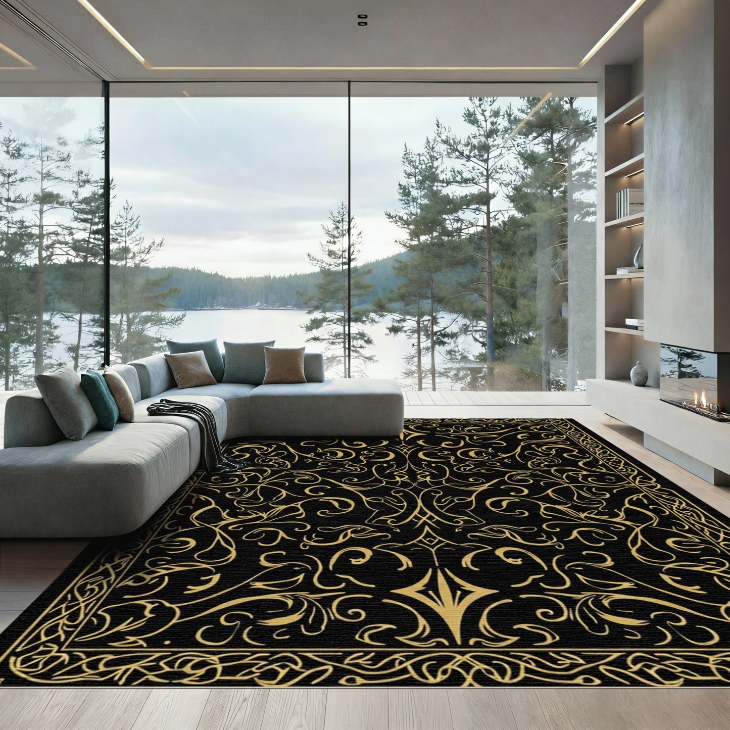 Golden Black Arabesque Scrollwork Rug