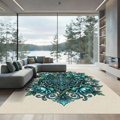 Elegant Turquoise Peony Floral Medallion Rug